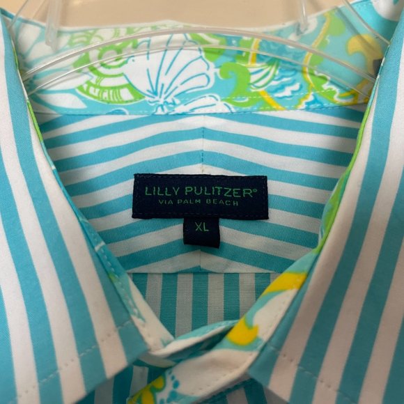 Lilly Pulitzer via Palm Beach Aqua Stripe Long Sleeve Dress Shirt - Picture 5 of 10